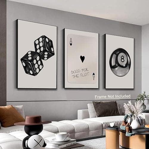 3Pcs Black and White Poker Dice Wall Art Funky Retro Y2K Trendy Preppy Pictures Lucky 8 Ball Poster Canvas Prints Artwork Painting for Game Room Apartment Dorm Aesthetic Decor 12x16in Unframed thumbnail 3