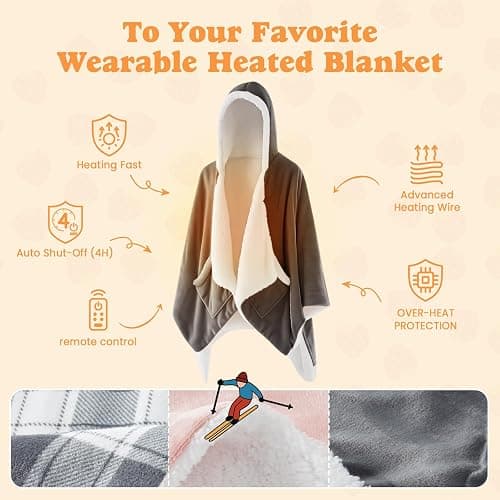 ACCU-WARMTH Wearable Heated Blanket - Warm Up Electric Blanket Hoodie with 6 Heat Levels, Snuggies for women, gifts for her, 50"x70", London Grey thumbnail 2