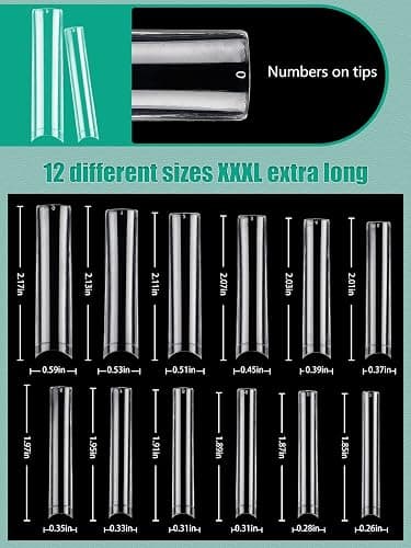 504 PCS No C Curve Clear Nail Tips for Acrylic Nails Professional, 3XL Extra Long, 12 Sizes Half Cover Straight Tapered Square French Fake Nail Tips for Nail Salons Home DIY thumbnail 6