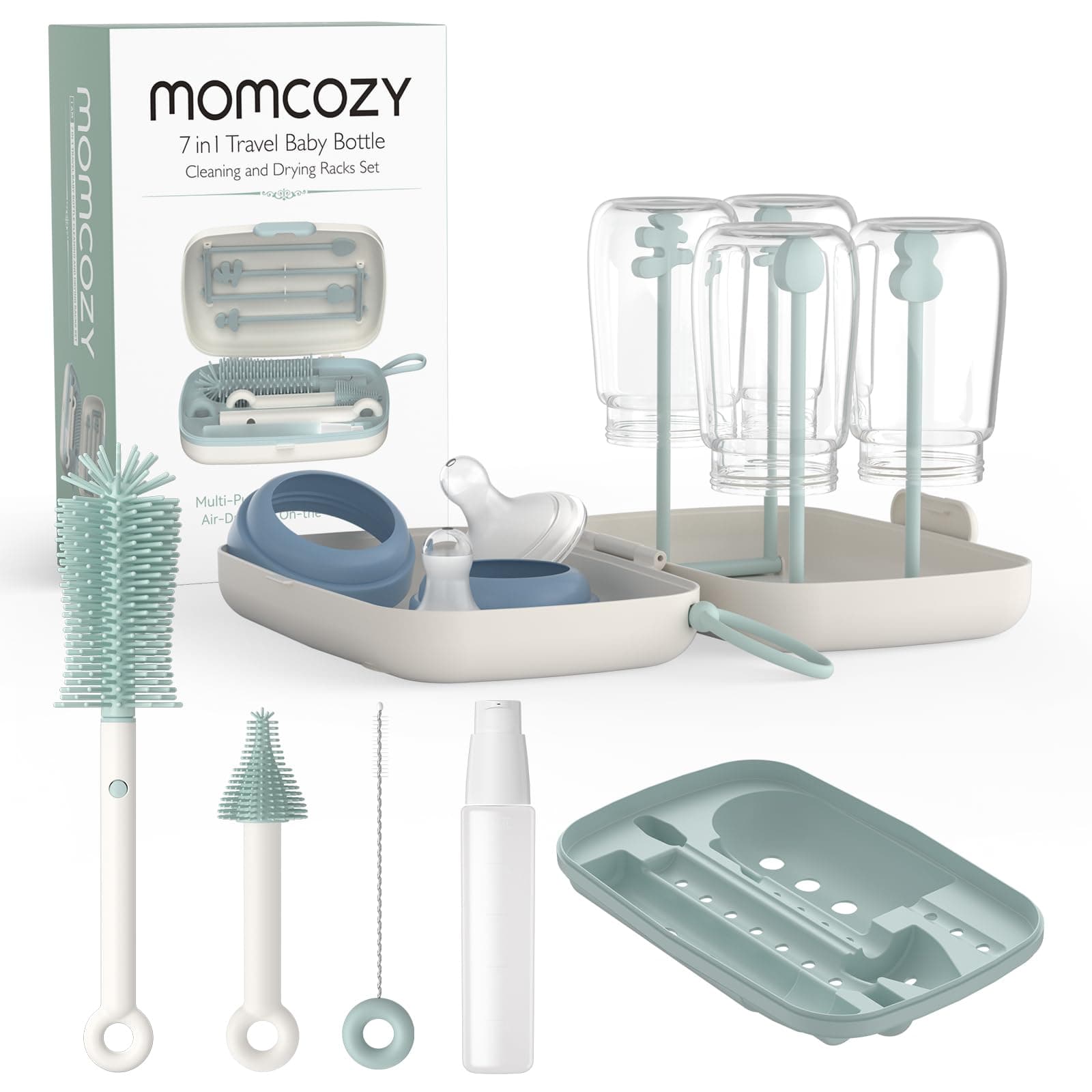 momcozy Baby Bottle Brush Set 7-in-1 | All-in-one Cleaning Set with Silicone Dishwashing Brush, Teat Brush, Drinking Straw Brush, Soap Dispenser + Drying Rack - For Home & On The Go - Image 1