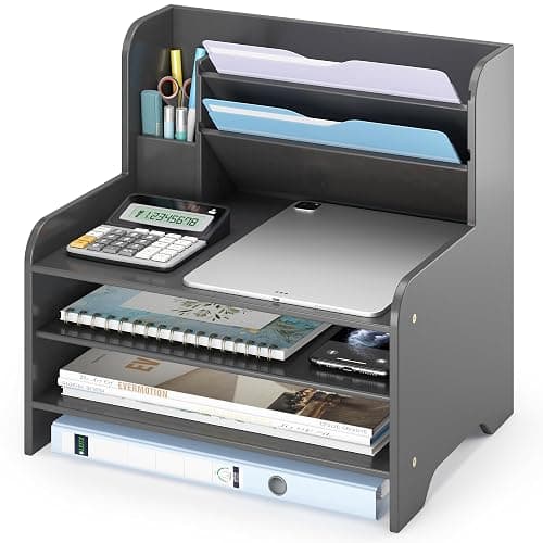 Desk File Organizer - 6-Tier Desktop Mail Letter Tray Paper Document Organizer with Pen Holder for Home Office Supplies, Office Desk Accessories & Workspace (Black) - Image 1
