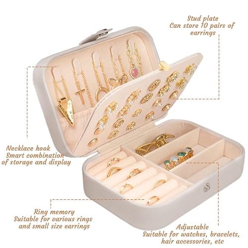 CNMTCCO Petite boîte à bijoux de voyage pour colliers, bagues, bracelets, boucles d'oreilles - Similicuir de qualité supérieure - Boîte cadeau pour filles et femmes (blanc) thumbnail 5