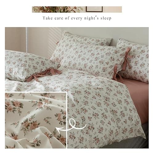 Pink Flower Duvet Cover Set Twin Soft Cotton Peach Floral Comforter Cover Girls Cottagecore Bedding Set Boho Floral Duvet Cover Vintage Country Bedding Flower Botanical Duvet Cover with Zipper Closure thumbnail 4