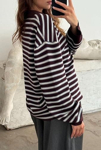 Oversized Striped Sweater for Women Collared Long Sleeve Preppy Polo Sweater Vintage Aesthetic Knitted Rugby Shirts thumbnail 2
