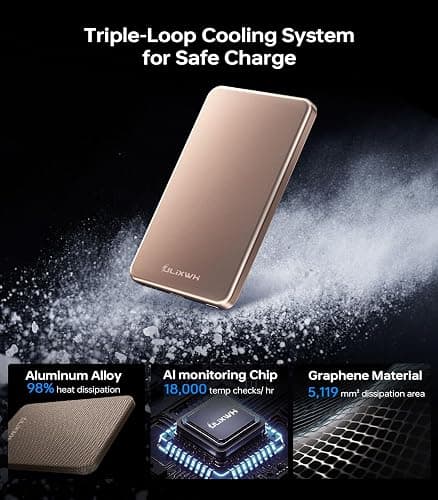 [0.3" Ultra Slim] [Alloy-Made] ULiXWH Magsafe Portable Charger for iPhone, 2025 Upgrade 5000mAh Fast Charging Magnetic Power Bank, Wireless Battery Pack for iPhone 17 Air 16 15 Pro Max 14, Desert Gold thumbnail 3