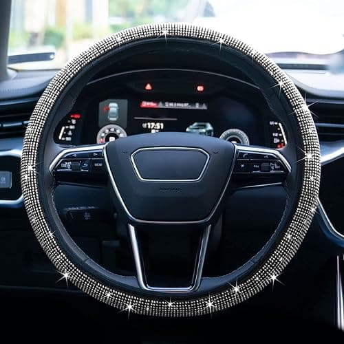 Limsas Bling Rhinestone Steering Wheel Cover with Crystal Diamond for Women, Sparkling Car Wheel Protector Universal Fit 14-15 inches - White thumbnail 2