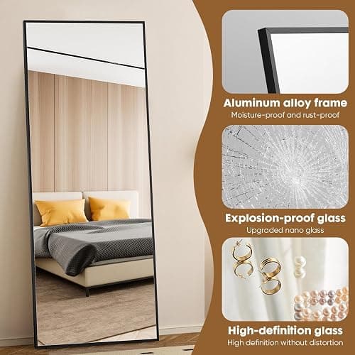 OLIXIS Full Length Mirror 71.1"x25.5" for Bedroom, Full Body Mirror with Stand, Hanging or Leaning for Wall, Aluminum Alloy Thin Frame Floor Standing for Living Room, Long, Deep Black thumbnail 7