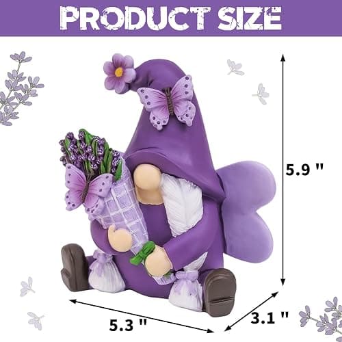 KnomeKo Lavender Gnome Fairy Garden Decor Purple Gifts for Women | Butterfly & Lavender Bouquet Resin Gnome , Spring Summer Decor Home Office Table Porch Yard thumbnail 3