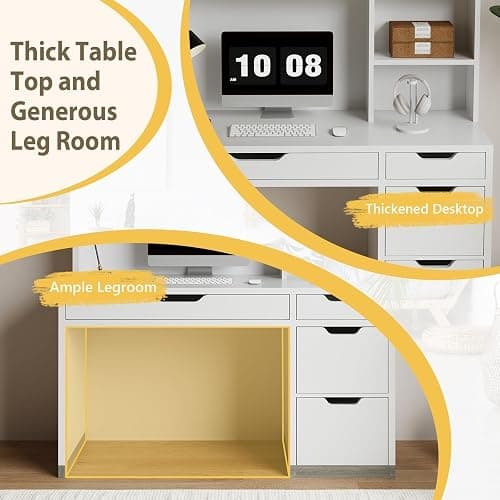 MaverickFurni White Desk with Hutch and Drawers, 53 Inch Computer Desk with Storage File Drawer, White Study Desk with 4 Drawers for Bedroom, Small Space thumbnail 5