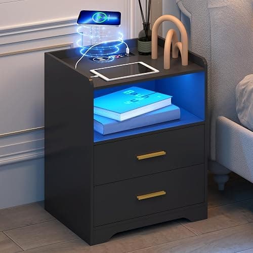 dnbss Black LED Nightstand with Charging Station, Modern Night Stands with 24-Color RGB LED Lights, Smart Lighted Black Bedside Table with 2 Drawers for Bedroom thumbnail 8