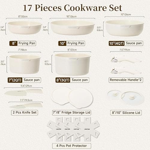 JEETEE Pots and Pans Set Non Stick 17pcs, Kitchen Cookware Sets with Detachable Handle, Induction Nonstick Cookware Set with Removable Handle, Stackable RV Cookware, Oven Safe, PFAS/PFOA Free, Beige thumbnail 3