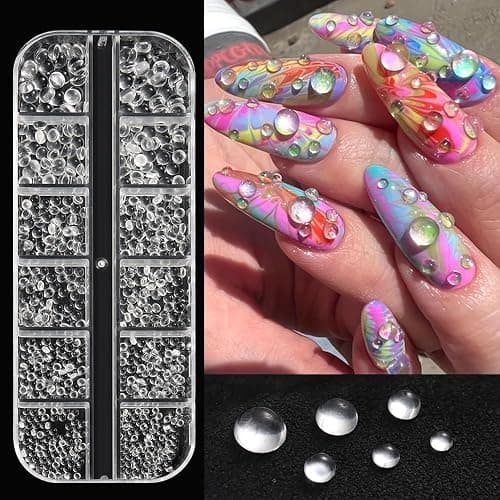 3D Mixed Sizes Clear Bubble Beads Nail Charms Jewelry, Transparent Semi-Circular Dewdrop Water Droplets Glass Bubble Balls Flatback Rhinestones Crystal Gems for Nails Supplies DIY Crafts Decorations - Image 1