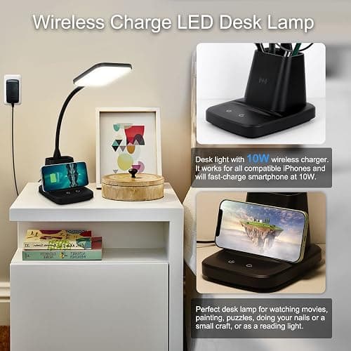 Sailstar LED Desk Lamp with 10W Wireless Charging & Pen Holder, Black | CRI 95, 800LM, Stepless Dimming, 3 Modes, 360°Flexible Arm, Touch, Study Table Lamp for Home Office, Dorm Room, with Adapter thumbnail 2