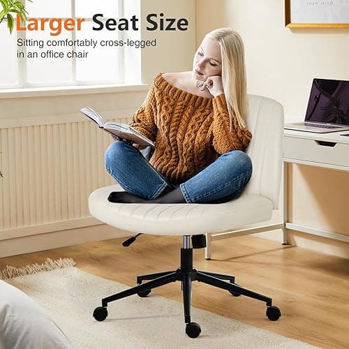Elevon Criss Cross Chair with Wheels, Cross Legged Office Chair Armless Wide Desk Chair with Dual-Purpose Base, Adjustable Swivel Fabric Task Vanity Home Office Desk Chair, Leather Beige - Leather Beige thumbnail 4