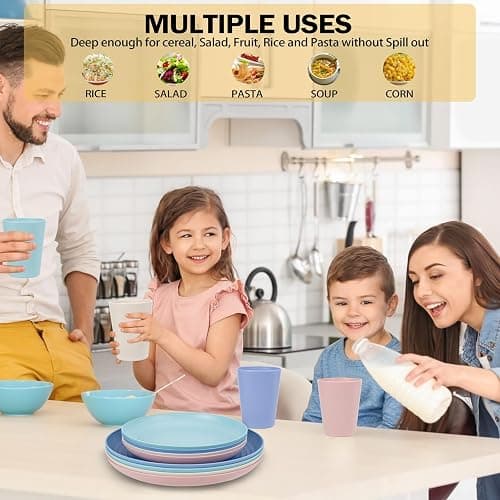 Rubtlamp Wheat Straw Plates and Bowls sets, Reusable Plastic Plate Set for 4, Kitchen Wheat Straw Dinnerware Sets (Spring Four Colors) Include Dinner Platos, Dessert Platos, Cereal Bowls, Cups thumbnail 7