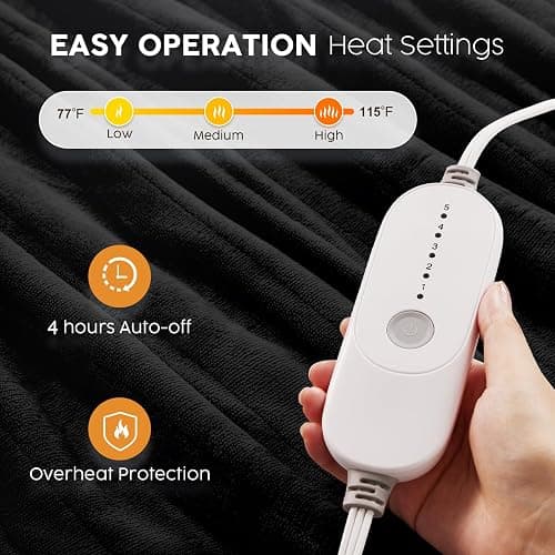 HYLEORY Heated Electric Blanket Throw 50"x60" Soft Fleece & Flannel with 5 Heating Levels & 3 Hours Timer Auto Shutt Off, ETL Certified, Washable，Heated Blanket for Body-Black thumbnail 3