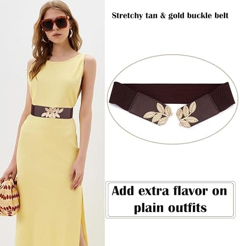 ALAIX Women's Stretchy Belt for Dress Vintage Wide Gold/silver Leaf Buckle Waist Belts for women Elastic Waistband thumbnail 2