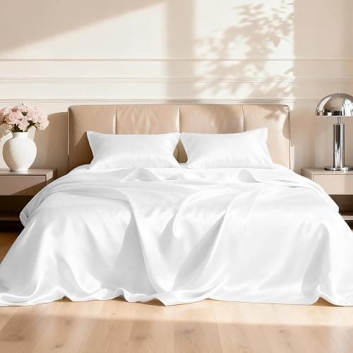 Love's cabin Full Size Satin Sheet Sets - 4 Piece White Silky Satin Sheet Set Full with Deep Pocket, Luxury Silk Feel Satin Bed Sheets Full Bedding Set (1 Flat Sheet,1 Fitted Sheet,2 Pillow Cases) - Image 1
