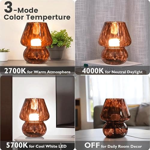 Pilz Lampe Vintage Tischlampe Glas Nachttischlampe mit Kabel Dimmbar Tischleuchte mit 3 Farbe Glühbirne Retro Schreibtischlampe Mushroom Nachtlicht LED Mini Lampe für BüRo Bars Wohnzimmer Schlafzimmer thumbnail 5