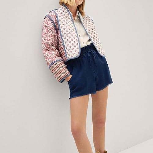 Duyang Women's Cropped Puffer Jacket Lightweight Floral Printed Open Front Quilted Coat Winter Warm Outwear thumbnail 4