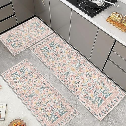 XSCQ 3PCS Vintage Pink Floral Kitchen Rugs Washable,Cushioned Rug Anti-Fatigue Mats for Kitchen Decor Accessories,Waterproof Non-Slip Mats and Rugs Set for Office,Floor,Laundry 20x32+20x47+20x59 Inch thumbnail 4