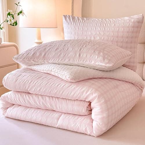 tohrisa Boho Comforter Set Twin Size - 2 Pieces Lightweight Jacquard Seersucker Bedding Sets (1 Soft Fluffy Grid Comforter & 1 Pillowcase) - All Seasons Cozy Modern Bed Set(68"x90" Blush Pink) thumbnail 7
