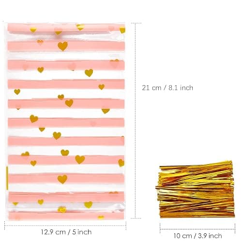 JOERSH 100 Pack Pink Cellophane Treat Bags 8.1" x 5" Bottom Gusset Pink Plastic Candy Bags with Twist Ties for Valentine, Birthday, Gift Goodie Cookie Snack Party Favor Supplies thumbnail 2