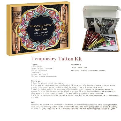 Temporary Tattoos Kit - Large 12 Sheets Temporary Tattoo Stencil Kit - 78 Unique Tattoo Designs - 6 Pcs (Brown/Black/Maroon) Ink with Paint Brush for DIY Body Art - Tattoos for Women Men Kids thumbnail 8