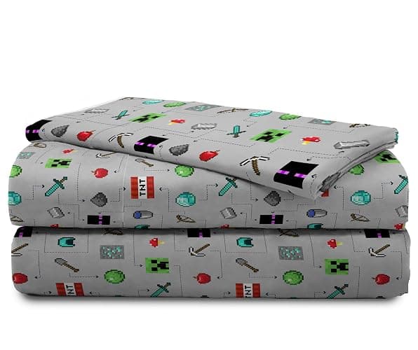 Jay Franco Kids Sheet Set with Fitted, Flat Sheets & Pillow Cover - Ultra-Soft Bedding with Pillowcase for Room Decor, Gray - Minecraft, 3 Piece Twin thumbnail 7