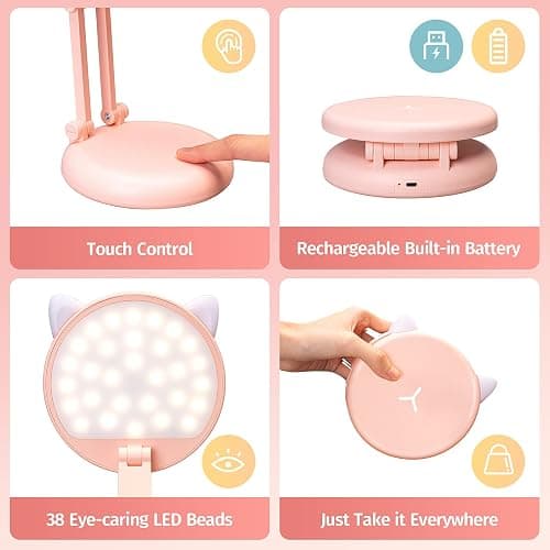 One Fire Cute Desk Lamp Pink Dorm Lamps for College Girls Foldable Portable Rechargeable Dimmable Cute Cat Lamp Kawaii Room Decor,College Dorm Decor for Girls Pink Classroom Essentials thumbnail 4