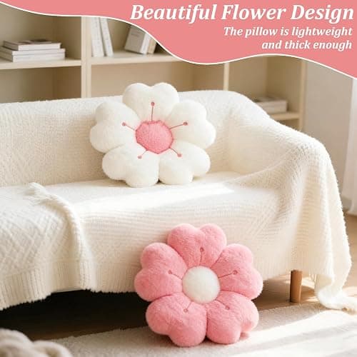 2Pcs Flower Pillow,34cm Plush Thick Flower Cushion White & Pink Aesthetic Daisy Pillow,Soft Fluffy Preppy Cushion Lumbar Suppor Mat Room Decor for Car Home Sofa Chair Bedroom Floor(Pink+White) thumbnail 4