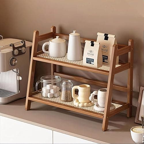 2 Tier Bamboo Coffee and Tea Station Organizer, Countertop Mug Holder, Cup Display and Condiment Rack, Kitchen Shelf for Cups, Matcha, and Accessories (Dark Brown) - Image 1