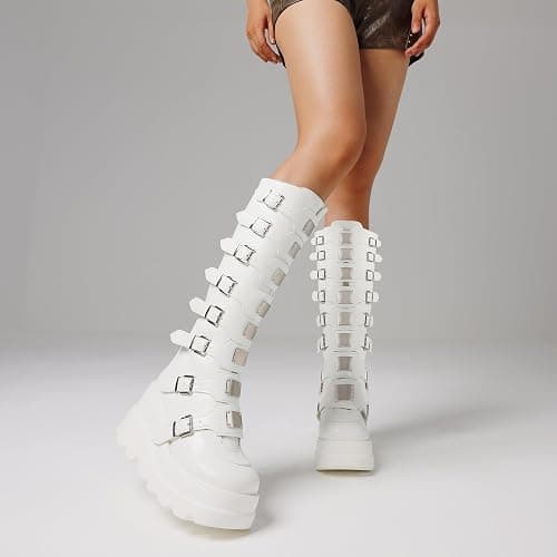 CELNEPHO Women Goth Platform Knee High Boots Wedge Punk Combat Y2K Boots | 3.5'' platform wedge heel, side zipper, knee high shaft, multi metal buckle straps, halloween punk goth style, round toe thumbnail 6