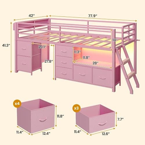 ADORNEVE Low Loft Bed Twin Size with 7 Storage Drawers, Bookcase and LED Lights, Metal Kids Loft Bed with 14" H Safety Guardrail,Inclined Ladder and Play Curtain, Under-Bed Play Space,Pink thumbnail 2