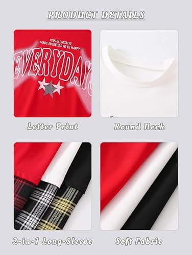 Fdqin Boys Shirts Star Letter Graphic Tee Tops Plaid Long Sleeve Clothes | 3-Piece Set, 7-16Y Teen, 2-in-1 Spliced, Soft Breathable, Crew Neck, Loose Fit, Spring Fall Casual Wear, Machine Washable thumbnail 5