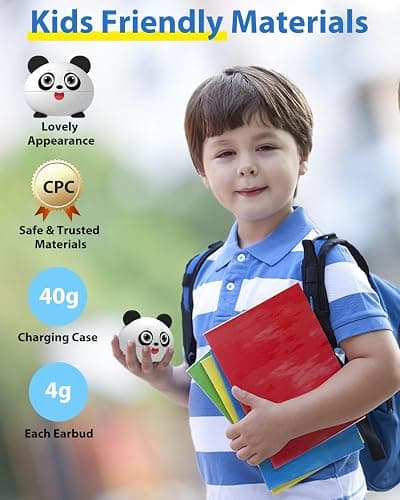 COOTIMOCK Wireless Earbuds for Kids, Built with Mic, 85dB Safe Volume, Light Weight, Bluetooth 5.3, IPX6 Waterproof, Passive Noise Cancelling, Girls Boys Teen Earbuds for School Travel, Panda thumbnail 4