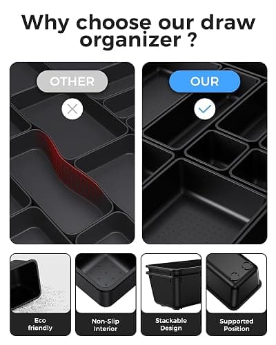 BiuLeon 25 PCS Plastic Drawer Organizers Set, 4-Sizes Vanity and Makeup Organizer, Desk and bathroom Drawer Organizer Trays, Organizers and Storage for Makeup, Jewelry, Gadgets, Utensils (Black) thumbnail 6