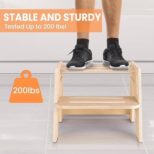 Toddler Step Stool, Wooden Height-Adjustable 2-Step Stool for Kids, Potty Training Stool with Handles for Bathroom Sink, Kitchen, Bedroom thumbnail 4