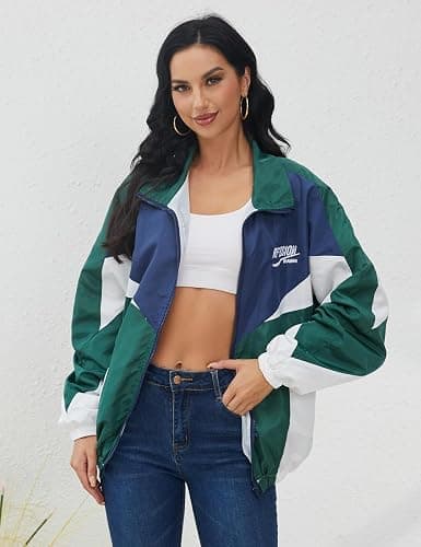 Wyeysyt Women's Y2k Jacket Zip Up Lightweight Windbreaker Jacket Varsity Oversized Sport Jacket Y2k Clothing 90s Jacket thumbnail 2