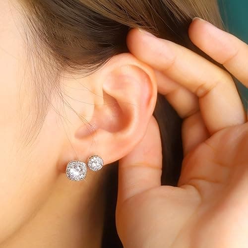 ALEXCRAFT Sterling Silver Stud Earrings for Women Girls Cubic Zirconia Halo Round Heart Square Diamond Large Silver Stud Set - 3 Pairs Halo Silver Stud Earrings thumbnail 2