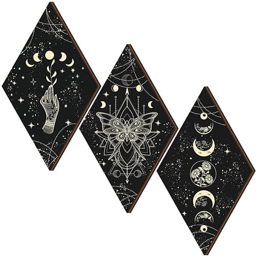 Ferraycle 3 Pcs Rustic Boho Wall Decor Moon Phases Butterfly Wall Art Stars Moon Decor Minimalist Room Decoration Wooden Gothic Witchy Pediments Hanging Sign for Home(6.7 x 11.8 Inch,Black, Gold) - Image 1