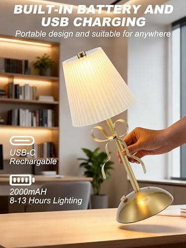 CryzhalinX Cordless Table Lamp,Small Desk Lamp with 3 Color,Touch Dimmable Bedsdie Lamps,Bow Lamp with Fabric Shade,LED Night Light for Girls Room Princess Room Decor(Gold) thumbnail 4