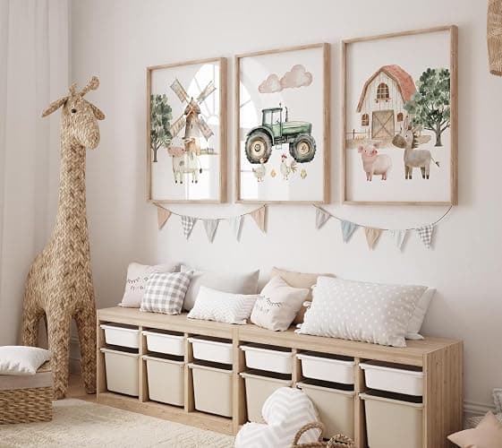 Nursery Farm Animal Wall Art Decor Baby Animal Canvas Prints Nursery Kids Farmhouse Poster Farm Cow Pig Pictures Wall Decor Green Tractor Painting Artwork for Children Bedroom 12x16 Inch Unframed 3Pcs thumbnail 3