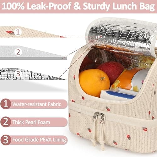 Vankor Corduroy Lunch Box Kids Insulated Lunch Bag Double Decker, Cute Leak-Proof Lunch Box for Boys Girls, Portable Cooler Lunch Bag Thermal Lunch Tote for School Picnic Travel, Beige Strawberry thumbnail 3