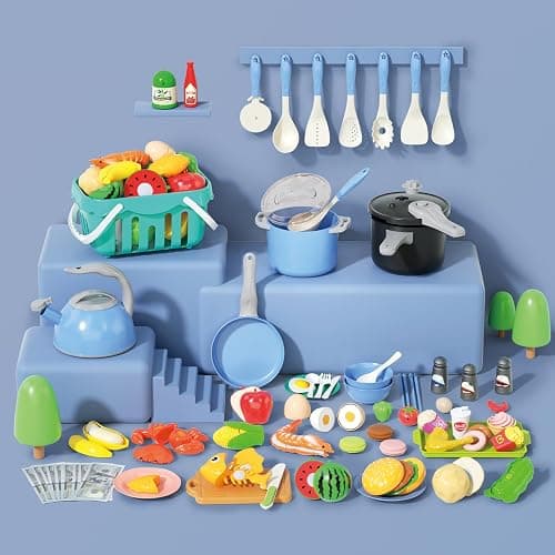 130Pcs Kitchen Playset, Toddler Pretend Cooking Play Pots, Pans, Utensils Cookware, Daily Food Fruit Veges, Shopping Storage Basket, Dessert, Prop Money, Learning Gift for Child (Blue) thumbnail 2