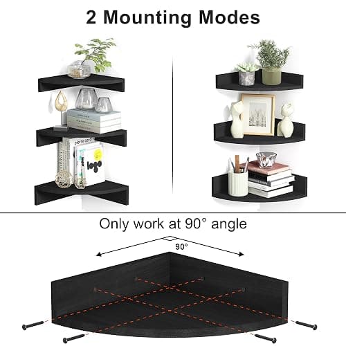 Alsonerbay Black Corner Shelf Wall Mount, Set of 3 Floating Shelves for Wall Storage and Display, Rustic Wood Shelves for Bedroom, Living Room, Bathroom, Entryway, Garage thumbnail 5