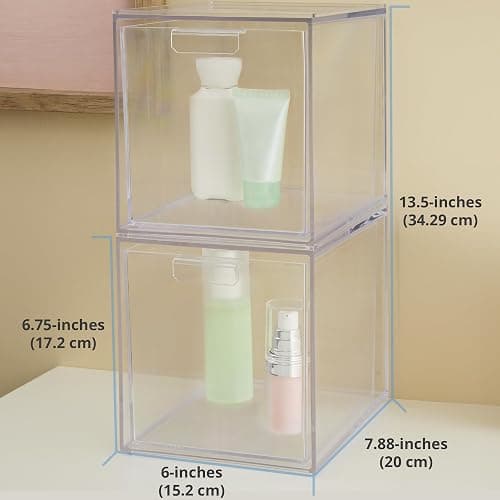 STORi Audrey Stackable Bin Clear Plastic Organizer Drawers | 2 Piece Set | Organize Cosmetics and Beauty Supplies on a Vanity | Made in USA thumbnail 3