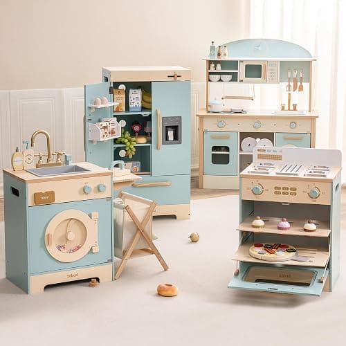 ROBUD Wooden Play Kitchen Set, Kids Toy Kitchen Set with Realistic Design, Utensils, Ice Maker, Fridge, Oven, Washer, Modern Style Play Kitchen with Accessories, Ideal Gift for Boys & Girls, Blue thumbnail 8