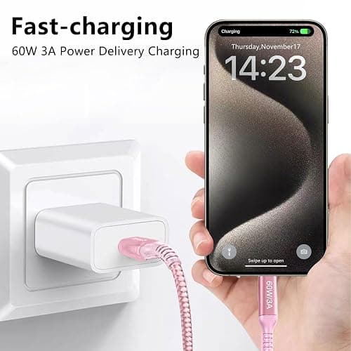 Long USB C to USB C Cable 15 ft Pink, 60W Fast Charging, USB Type C Charger Cord for iPhone 15/15 Pro,iPad Pro Air 12.9 4th, MacBook Pro, PS5, Samsung Galaxy S23 S22, Note 20 10 Ultra, Google Pixel 7 thumbnail 3