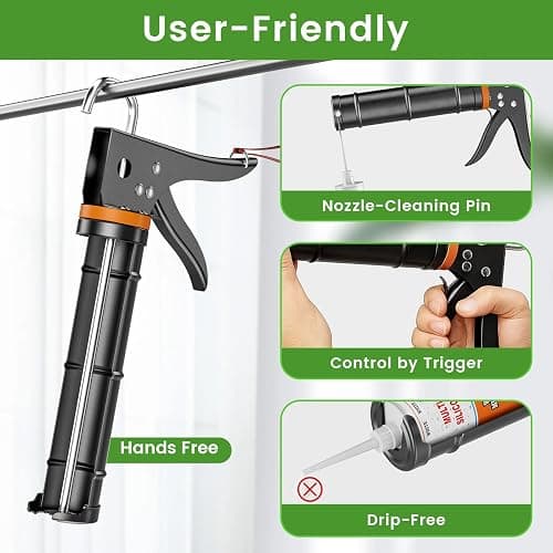 Professional Caulk Gun Kit with Caulk Remover & Silicone Sealant - 5 in 1 Caulking Tool Set for Caulking Removal, Includes Caulking Gun Tool, Silicone Scraper thumbnail 3